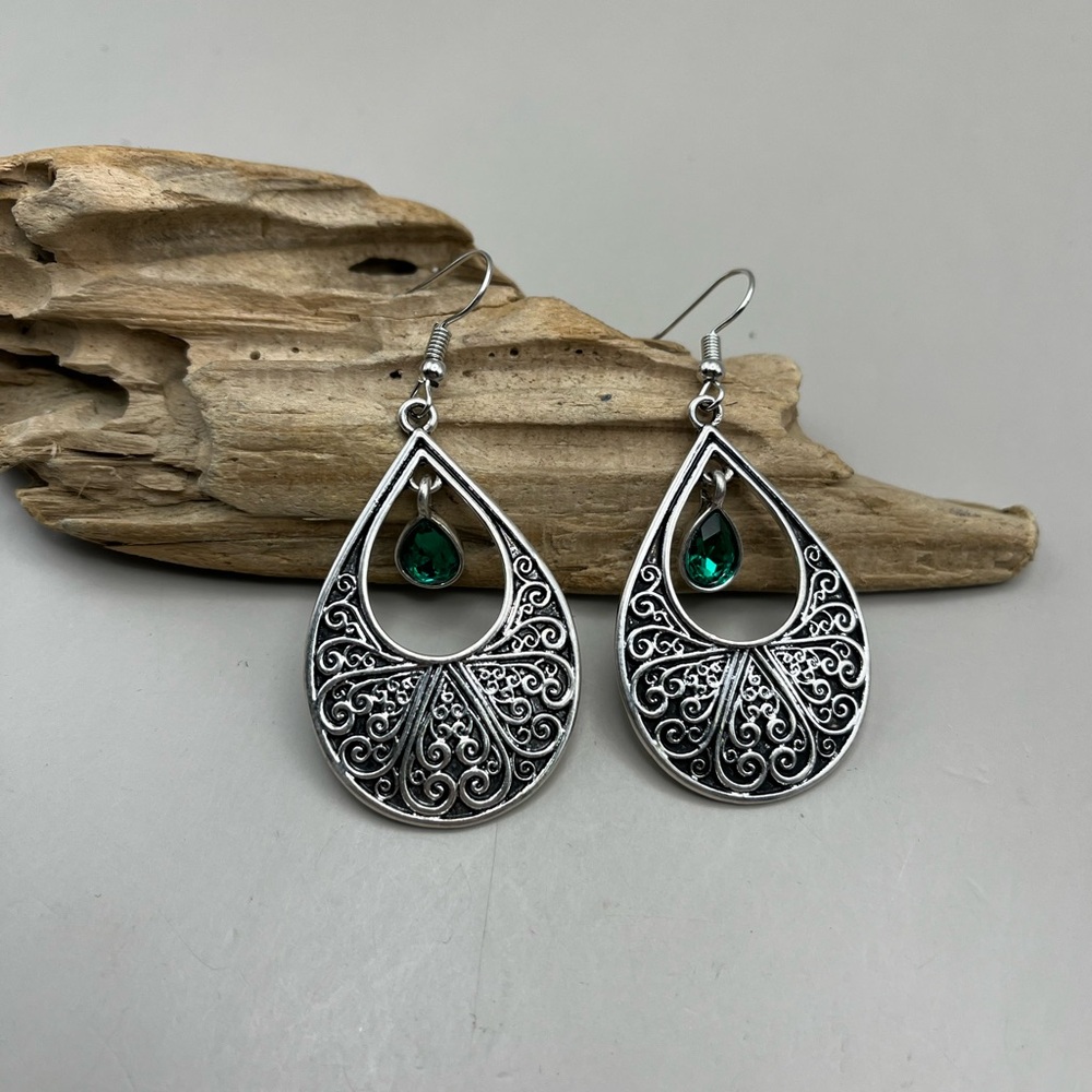 Elegant Silver Teardrop Filigree Earrings with Green Crystals